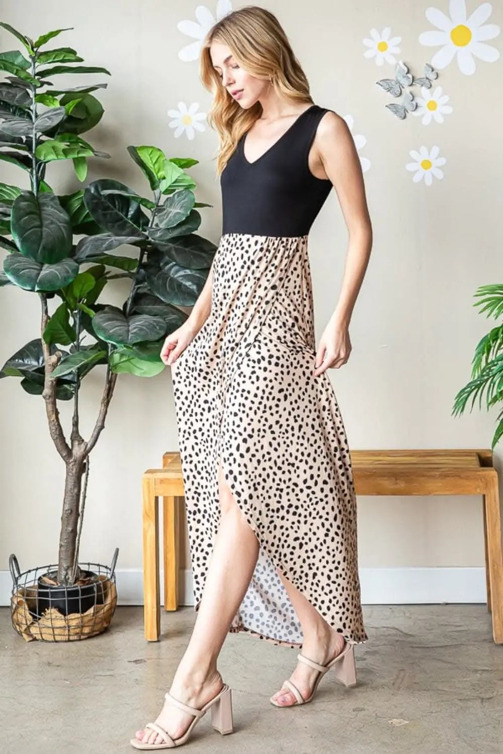 Heimish Full Size Slit Animal Print V-Neck Wide Strap Dress - Love Salve